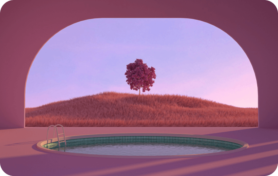 Indoor circular pool in a pink room with a large arched window showing a grassy hill and a single pink tree at sunset.