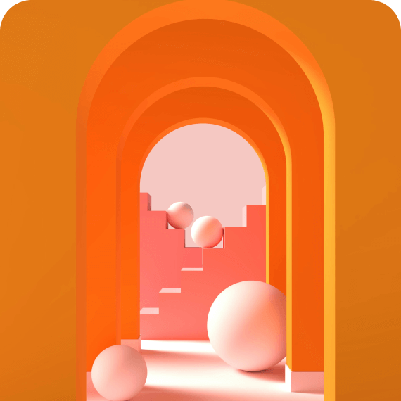 Abstract orange arches framing a pink staircase with floating and resting spheres of varying sizes.