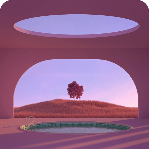 Indoor circular pool with ladder under a large oval skylight, overlooking a grassy hill with a single tree at sunset.